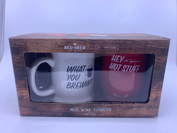 NIB MUG + WINE GLASS CUPS.