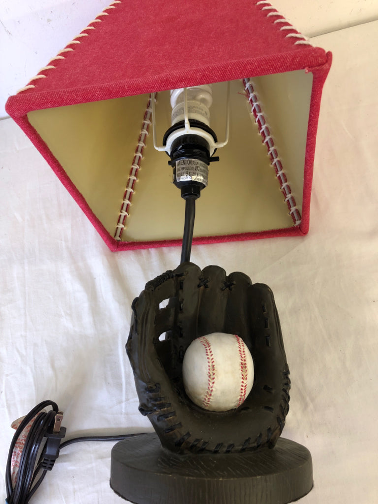 BASEBALL LAMP W RED SHADE.