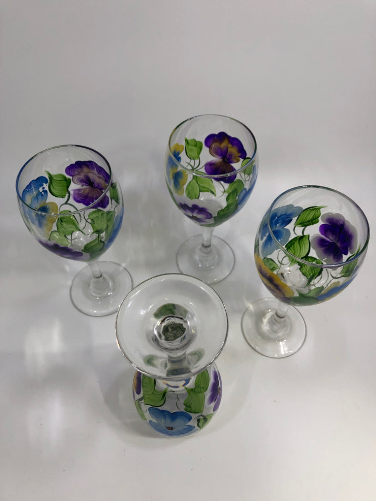 4 PANSY PAINTED WINE GLASSES.