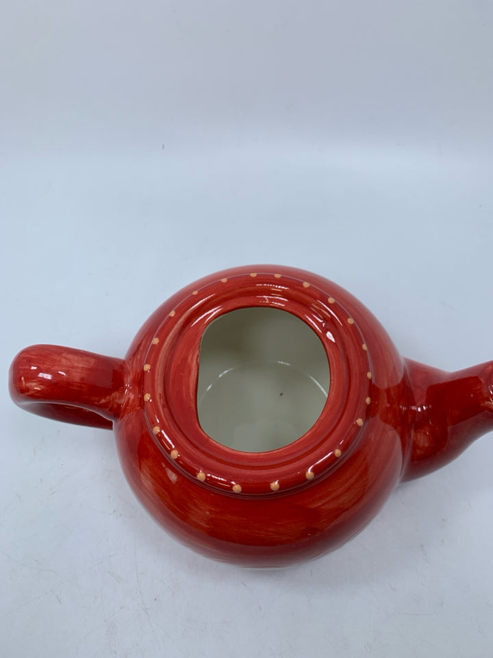 RED CERAMIC TEAPOT W/ ORANGE LINES.