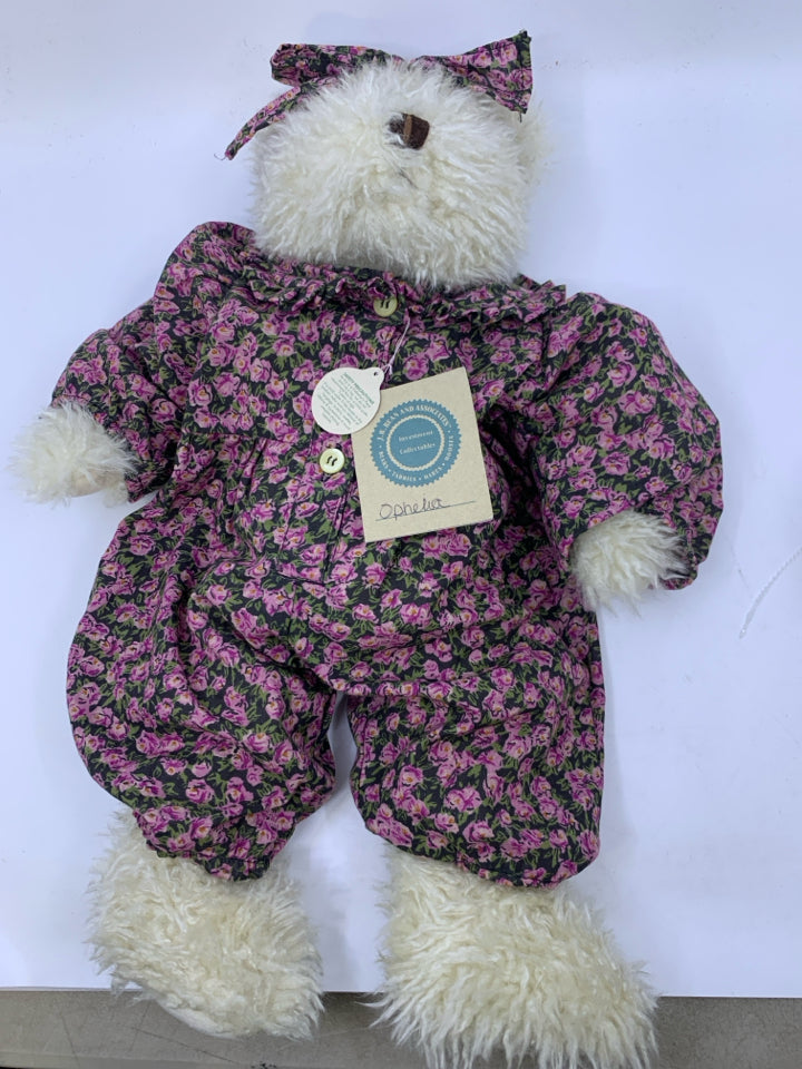 WHITE SHAG BEAR W/ DARK PURPLE FLORAL JUMPSUIT BOYDS BEAR.
