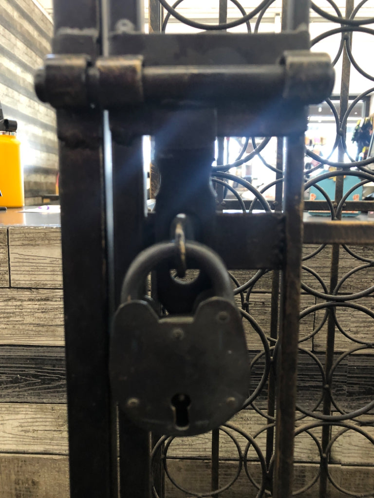 BLACK WROUGHT IRON WINE CAGE WITH LOCK AND 2 KEYS.