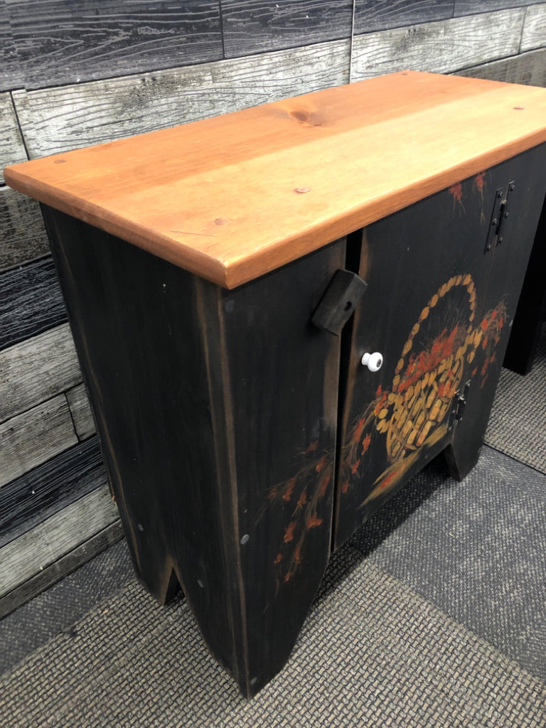 SMALL BLACK PAINTED BASKET CABINET/BENCH.