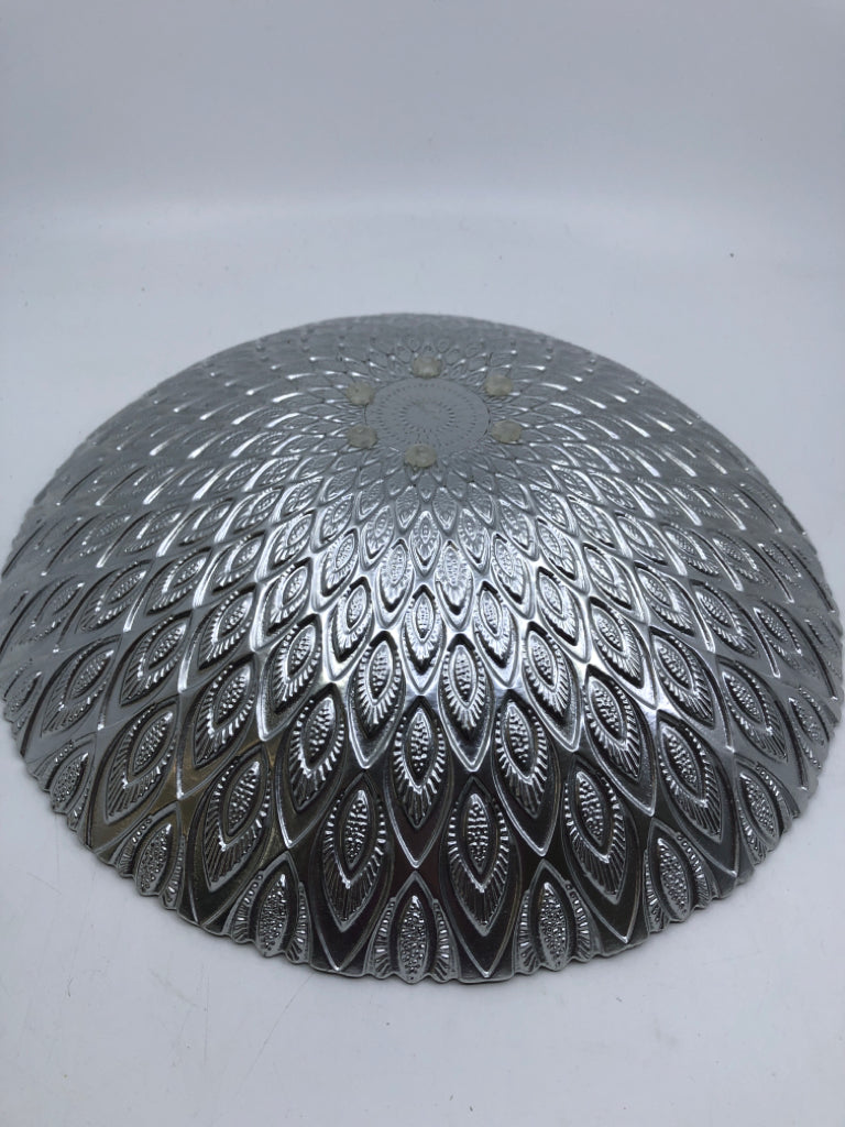 SILVER GLASS BOWL W/ TEAR DROP DESIGNS UNEVEN EDGE.