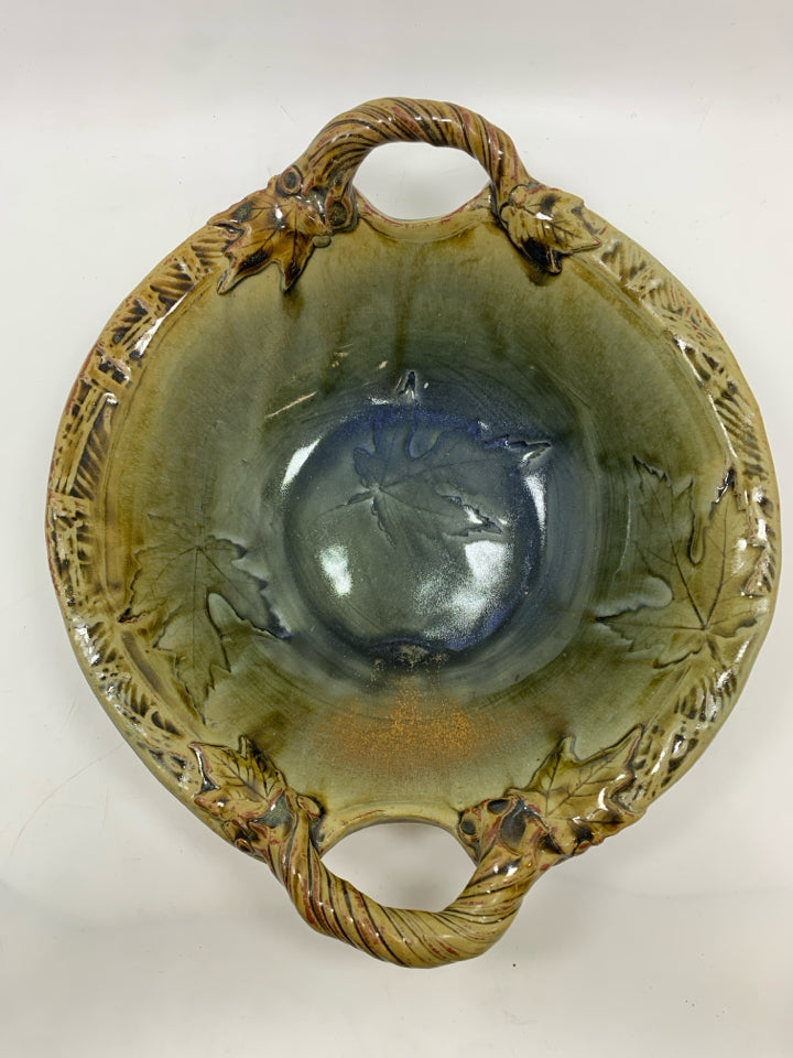 LEAF EMBOSSED GLAZED POTTERY BOWL W/HANDLES.