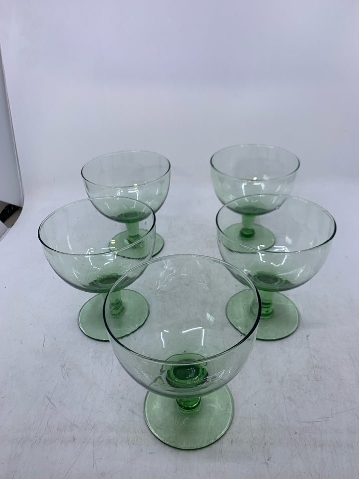 5 GREEN GLASS DESSERT CUPS.