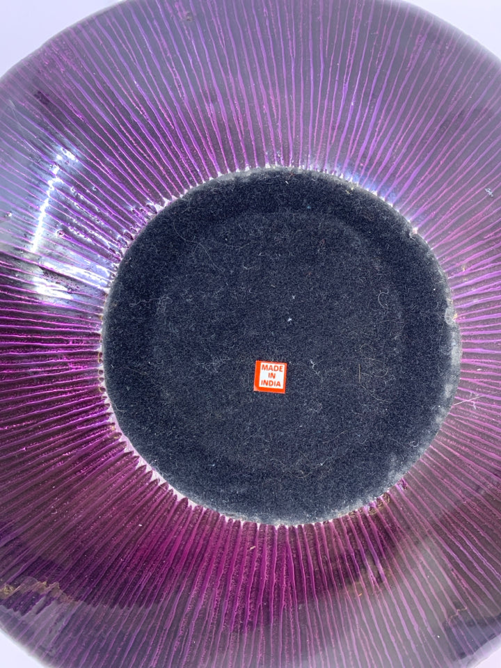 HEAVY METAL VASE W/ PURPLE GLAZE.