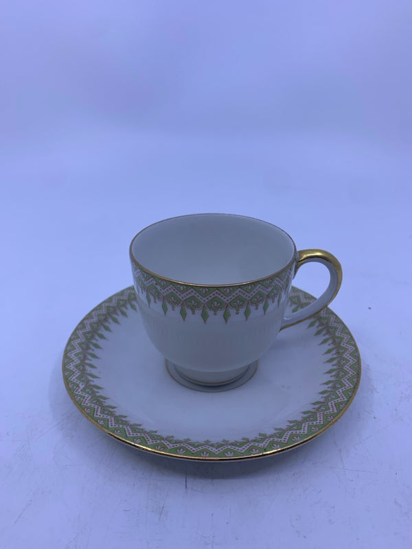 VTG GREEN AND GOLD TEA CUP AND SAUCER.