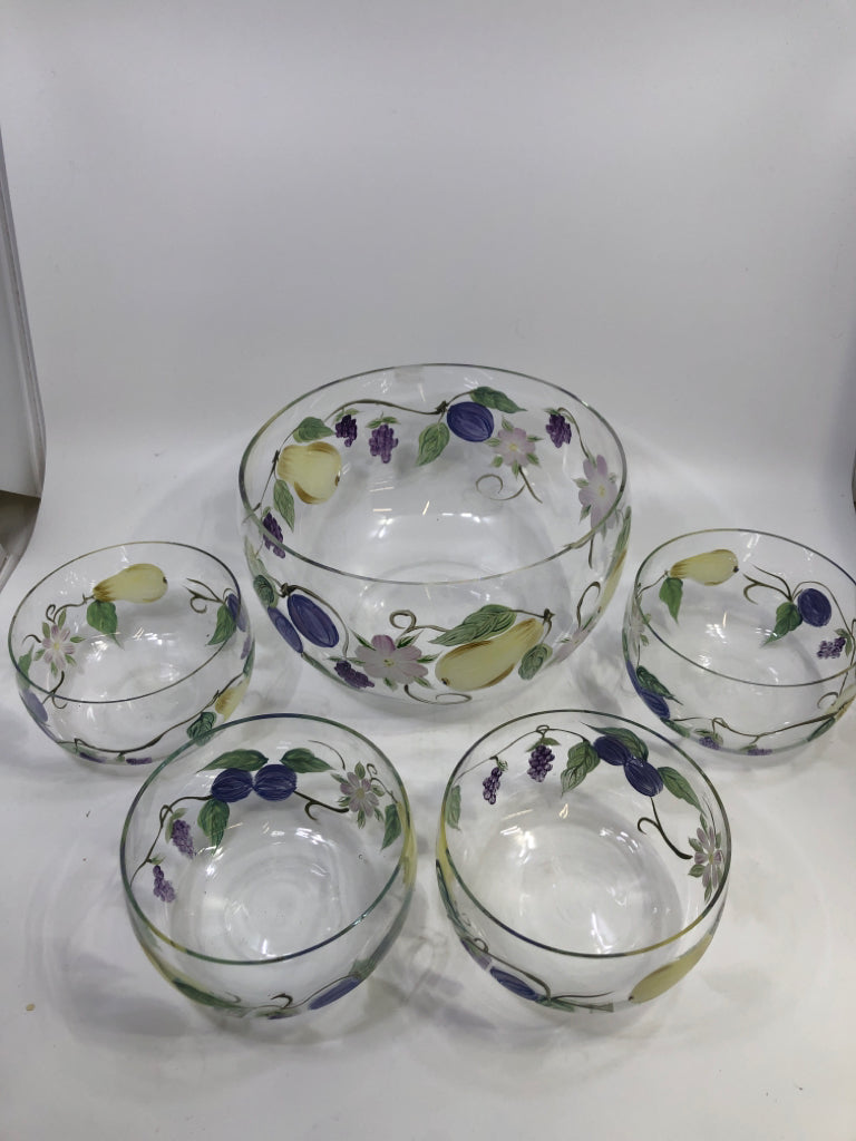 5PC SALAD SERVING SET GLASS W/PAINTED FRUITS.