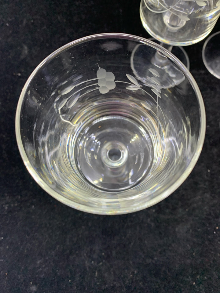 4 VTG FOOTED ETCHED CRYSTAL ICE TEA GLASSES.