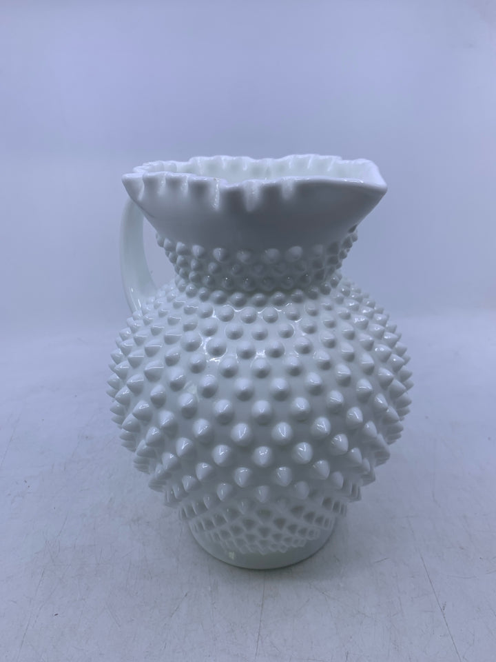 VTG MILK GLASS HOBNAIL CRIMPED EDGE PITCHER.