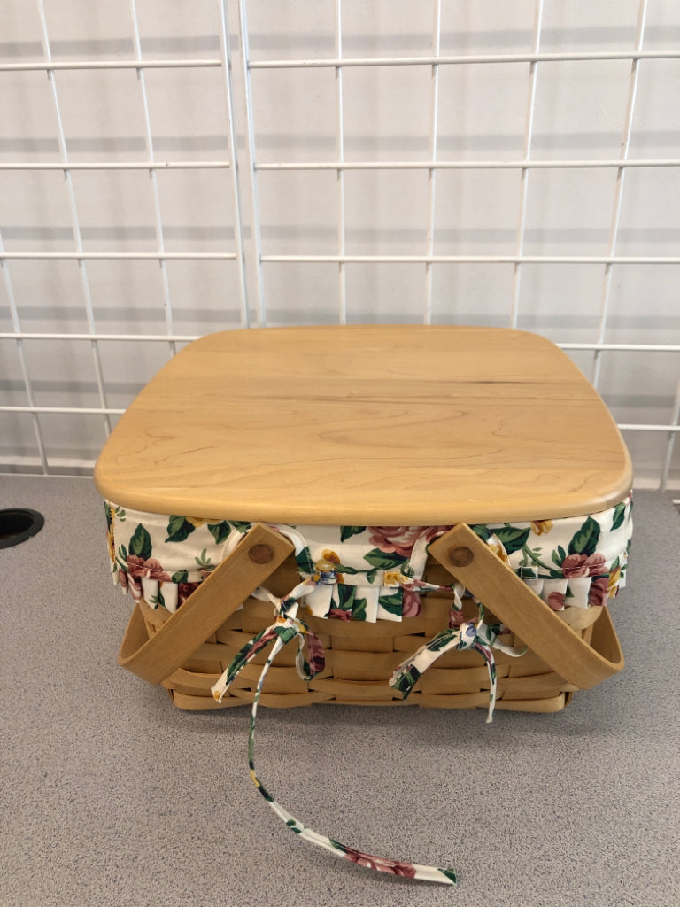 FLORAL LINED LONGABERGER BASKET W/STAND & COVER.