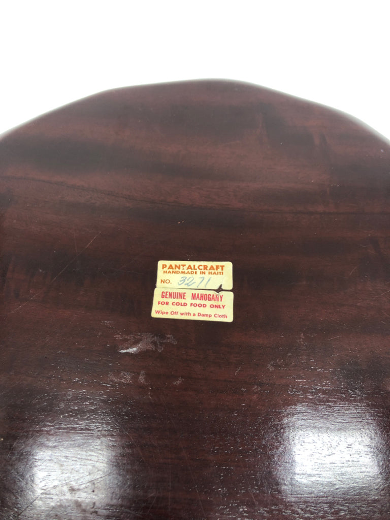 VTG MAHOGANY WOOD ROUND DIVIDED SERVING TRAY.