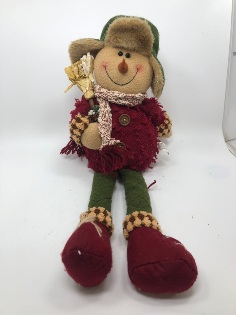 SITTING PLUSH SNOWMAN GREEN HAT/PANTS RED SWEATER.