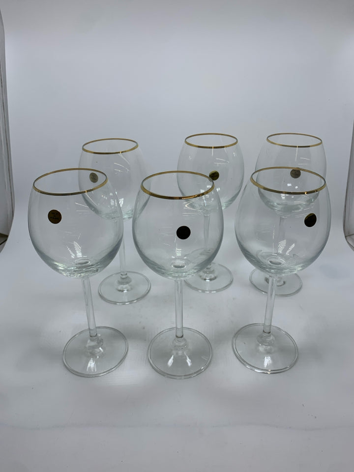 NIB 6PC LUCERNE GLASS GOBLETS W/GOLD RIM.