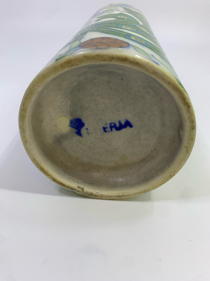 HAND-PAINTED COLORFUL PEACOCK VASE.