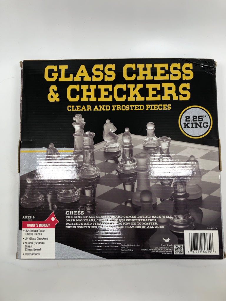 NIB GLASS CHESS CHECKERS SET.