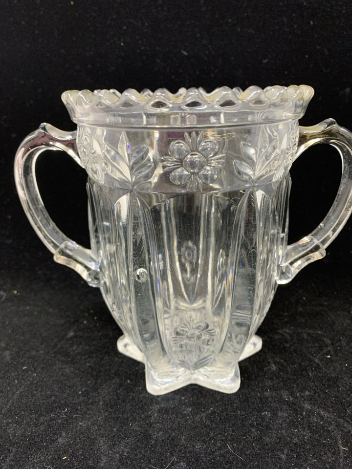 CUT GLASS VASE W/HANDLES ETCHED FLOWERS.