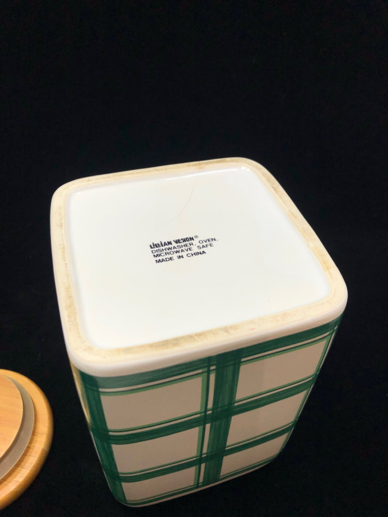 LEMON PAINTED GREEN PLAID CANISTER W/BAMBOO LID.