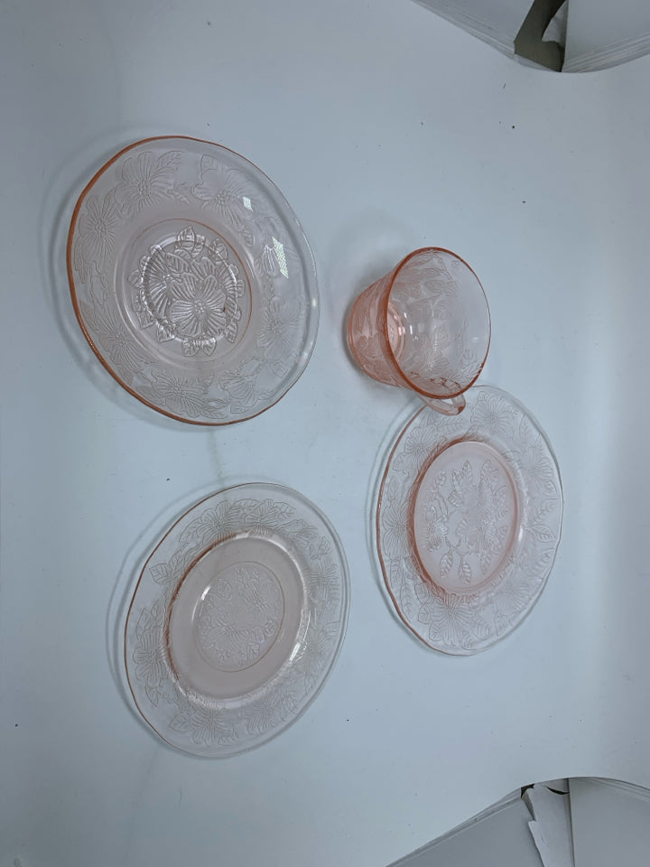4 PC VTG PINK DEPRESSION GLASS W/ PRESSED FLOWERS.