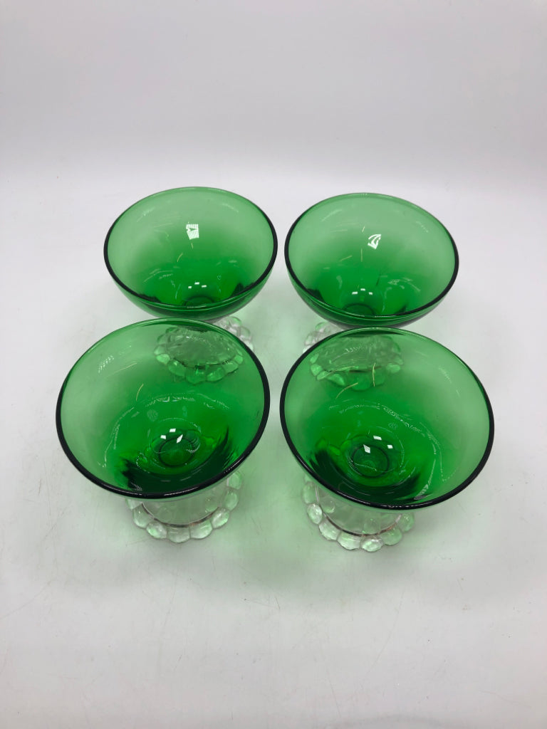 4 GREEN GLASS DESSERT DISHES W/CLEAR GLASS BUBBLE BASE.