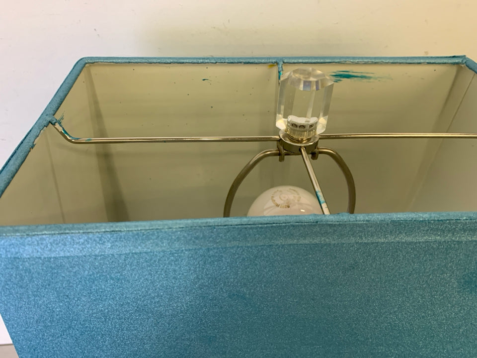 LARGE CRYSTAL LAMP W SQUARE BLUE SHADE.