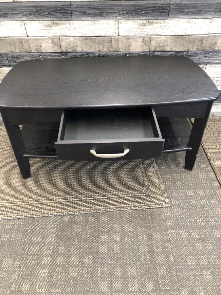 BLACK FAUX WOOD 2 TIER COFFEE TABLE W/ DRAWER.
