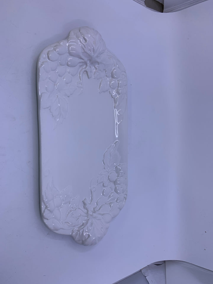 WHITE RECTANGLE TRAY W/ EMBOSSED GRAPES & VINES.