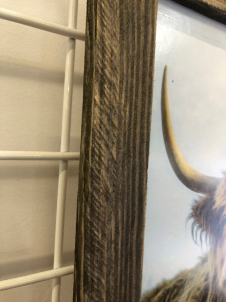 BROWN COW DISTRESSED WOOD FRAME WALL HANGING.