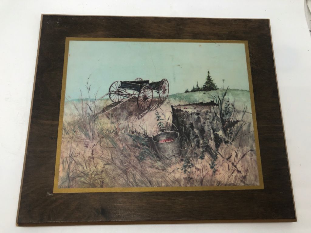 VTG WAGON IMAGE ON WOOD PLAQUE.