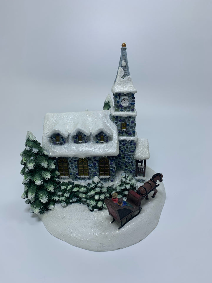 THOMAS KINKADE "SUNDAY EVENING SLEIGH RIDE LIGHT UP SNOWY CHURCH.