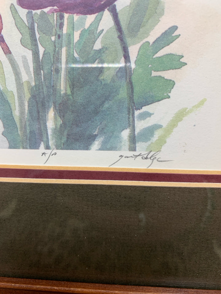 BROWN FRAME W/ FLORAL WATERCOLOR WALL ART.