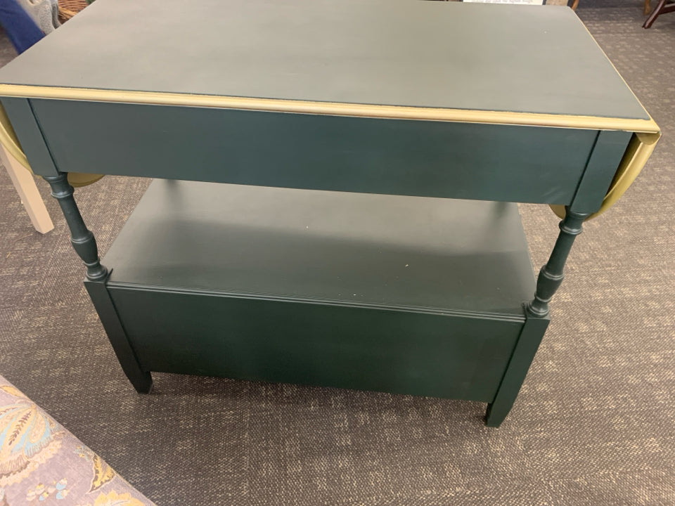 GREEN PAINTED CONSOLE/ BUFFET TABLE WITH FOLDING SIDES.