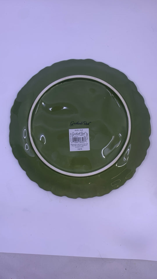 GREEN EMBOSSED BIRD/BRANCHES PLATE.
