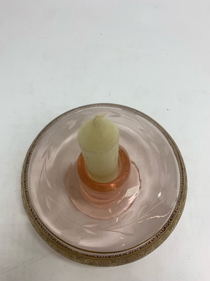 VTG PINK DEPRESSION GLASS CANDLE HOLDER W/GOLD EDGE.