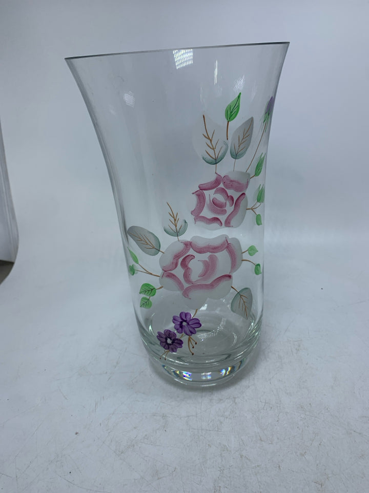 VTG ROMANIAN ART GLASS ETCHED PAINTED PINK ROSES CRYSTAL VASE.