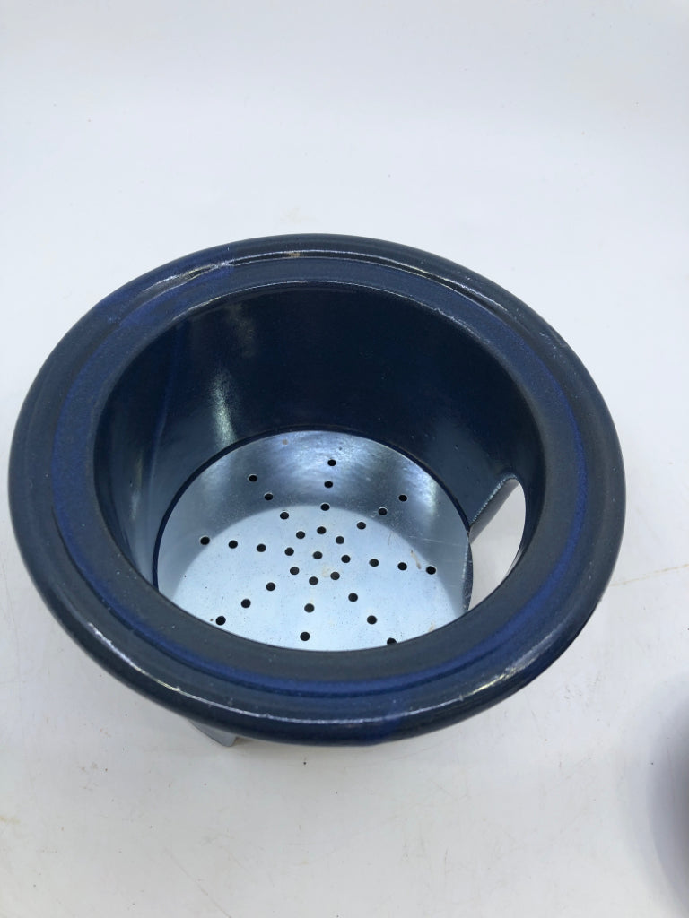 DARK BLUE POTTERY FONDUE SET + FORKS.