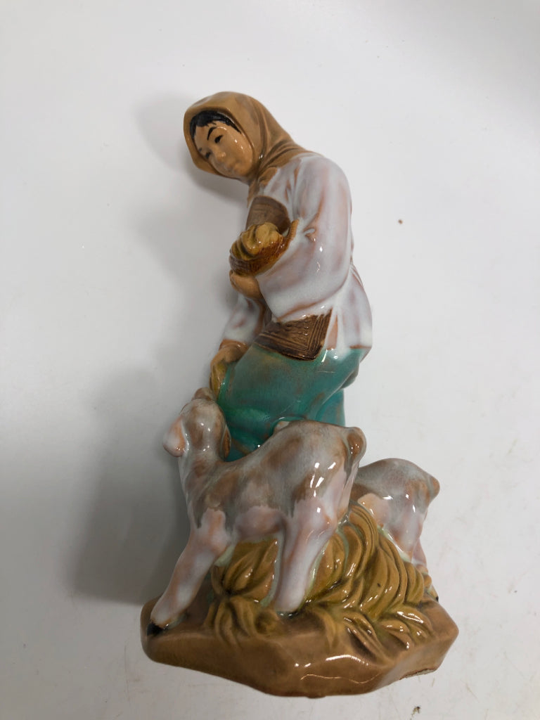 VTG PORCELAIN SHEPHERDESS FEEDING LAMB.