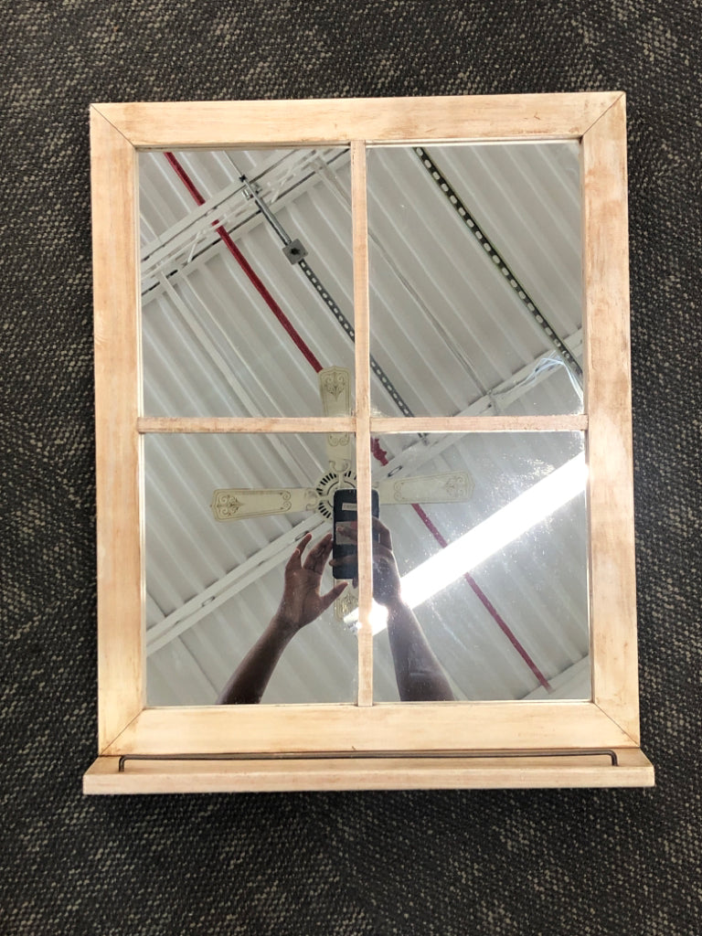 DISTRESSED WINDOWPANE MIRROR WALL HANGING W/SHELF.