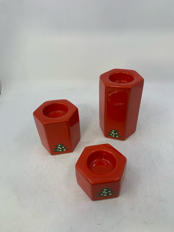 3 WAECHTERSBACH CHRISTMAS TREE RED CERAMIC TEA LIGHT HOLDERS HEXAGON SHAPE.