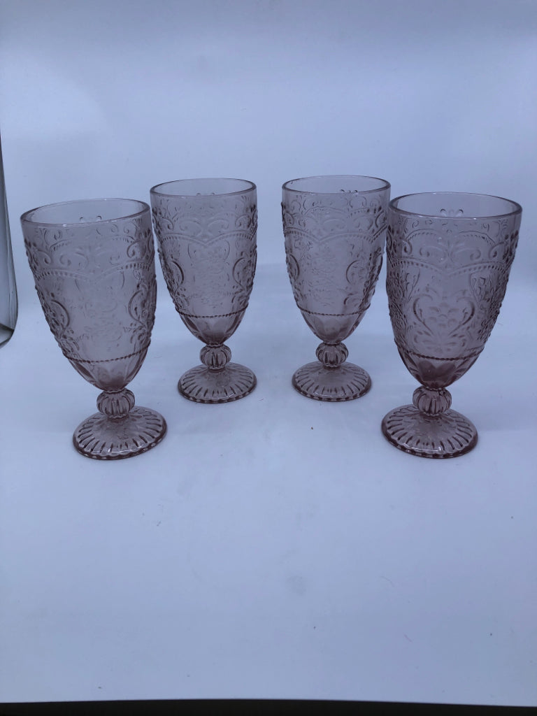 4 PINK FOOTED EMBOSSED GLASSES.