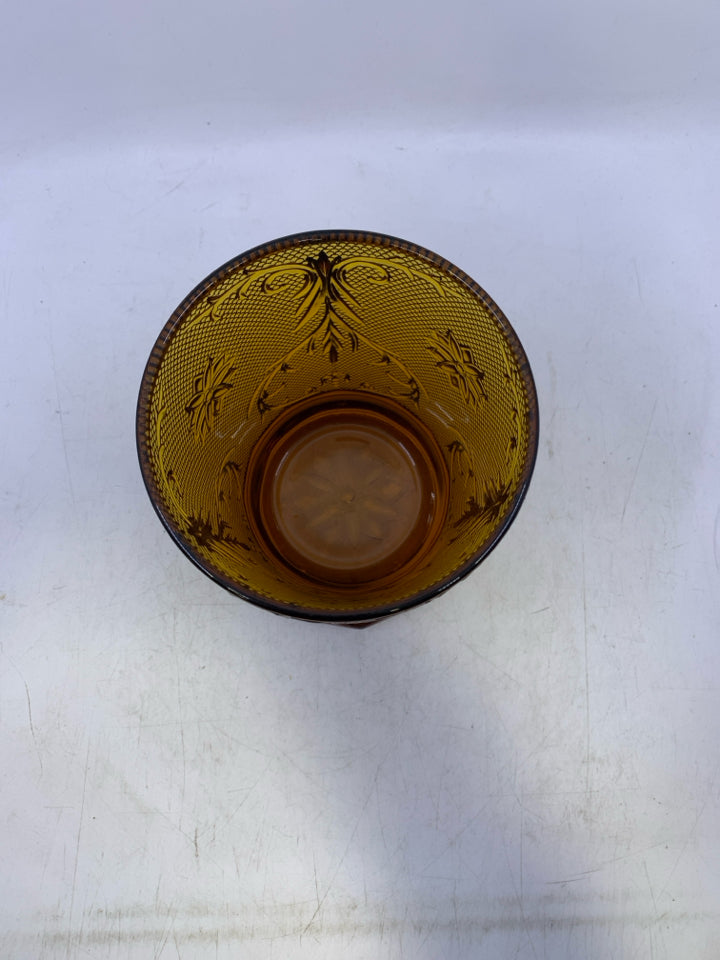 VTG AMBER GLASS TIARA CANISTER.