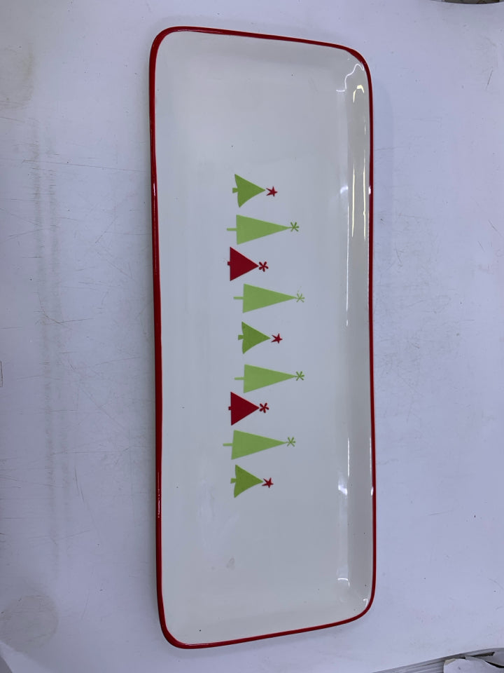 CERAMIC RECTANGLE PIER 1 WHITE RED RIM/CHRISTMAS TREES TRAY.