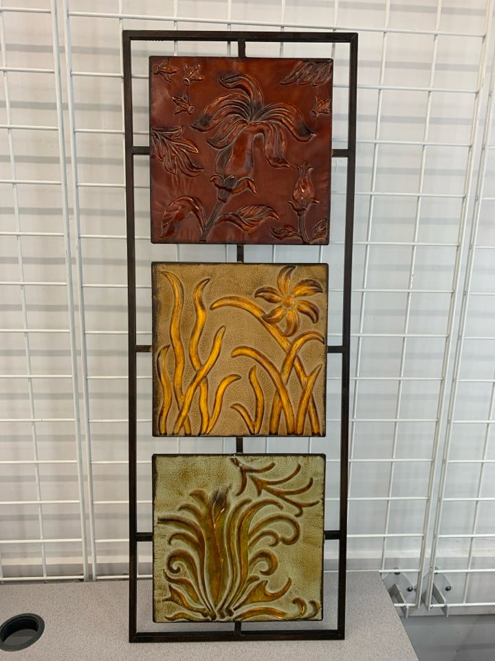 METAL FLORAL WALL DECOR RED ORANGE GREEN PANELS.