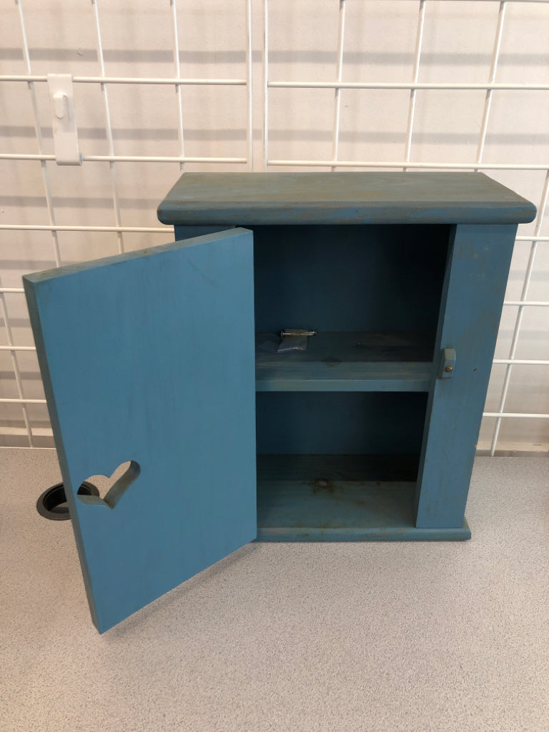 BLUE PAINTED MINI WOODEN HEART CABINET.