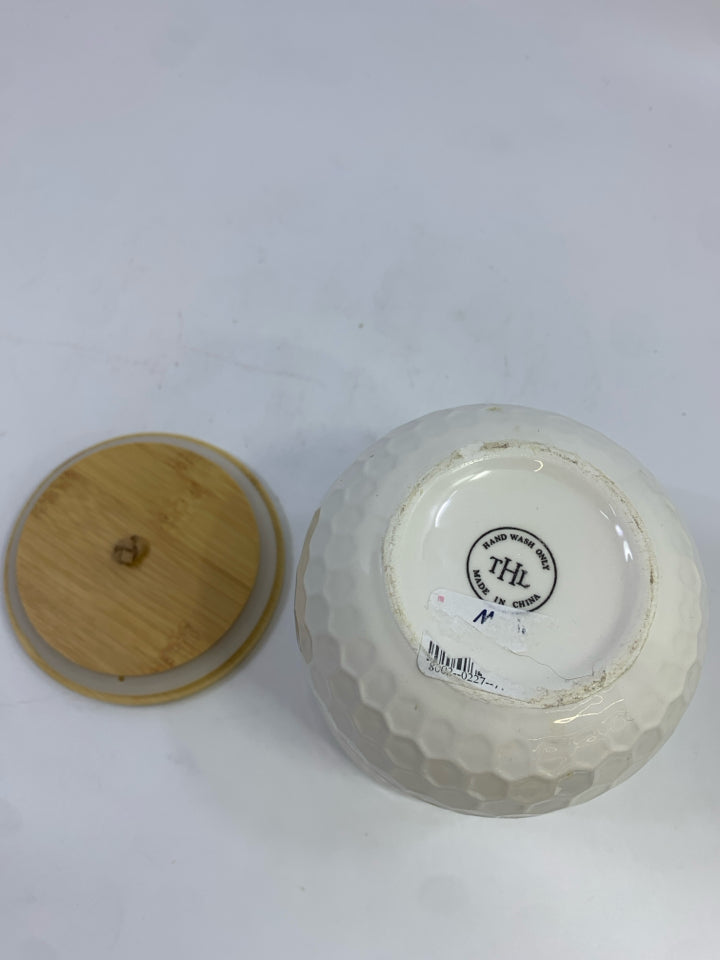 CERAMIC HONEYCOMB JAR W/BAMBOO LID.