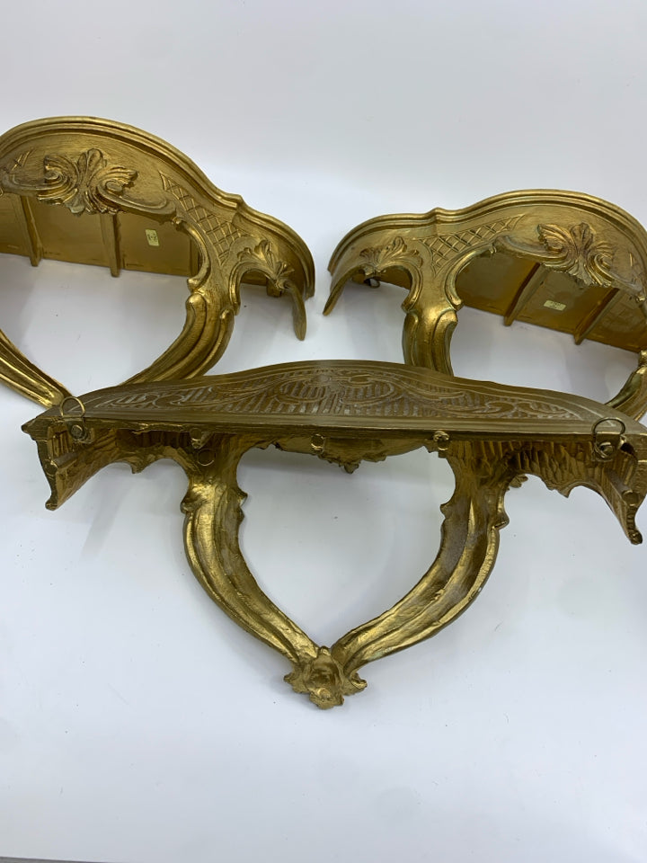 3 VTG GOLD PLASTIC WALL SHELVES MADE IN ITALY.