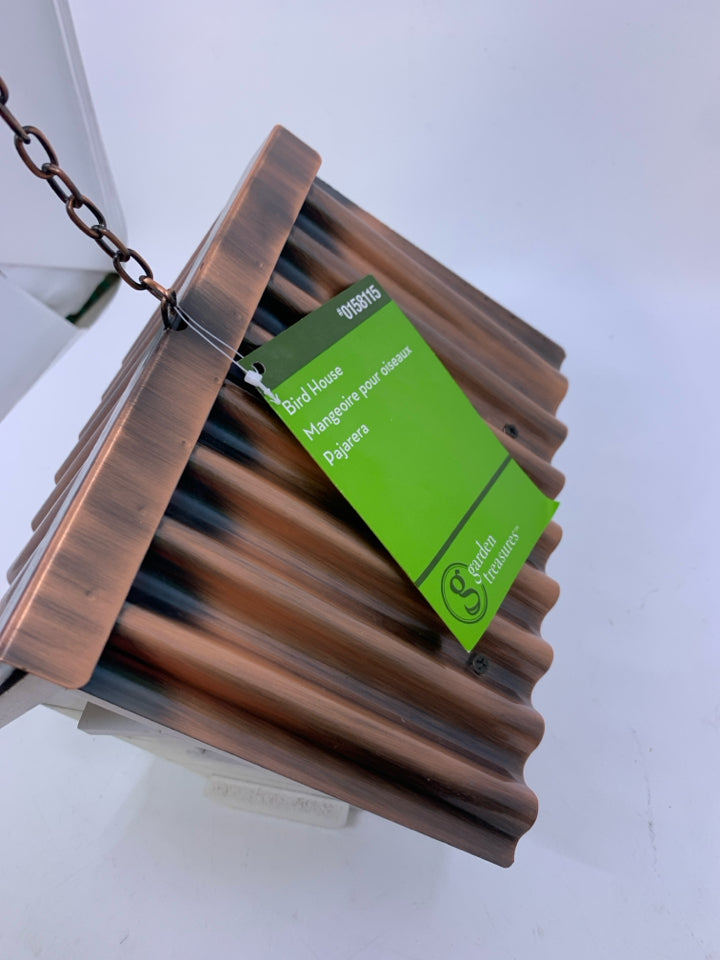 NEW WHITE BIRD HOUSE W/ COPPER METAL ROOF.