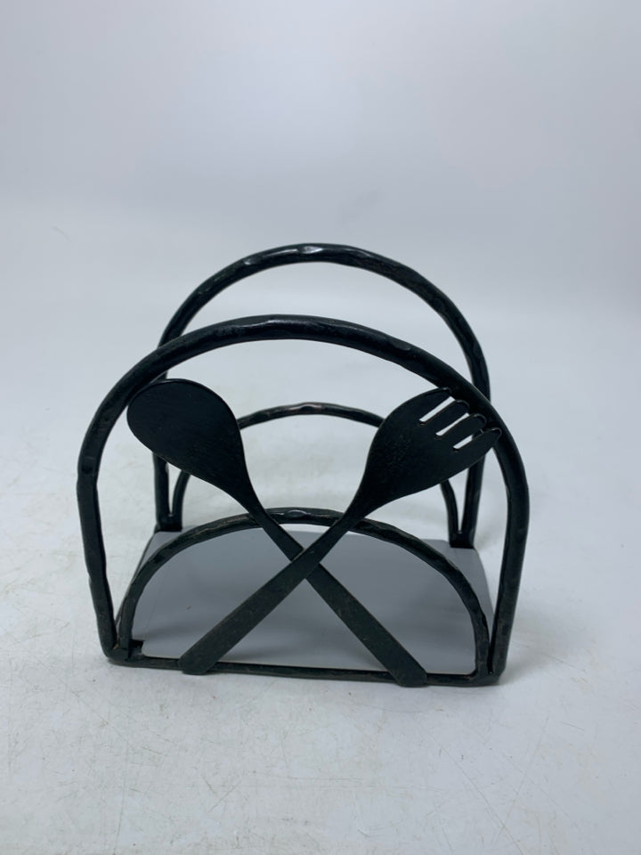 GREY METAL FORK/SPOON ARCHED NAPKIN HOLDER.