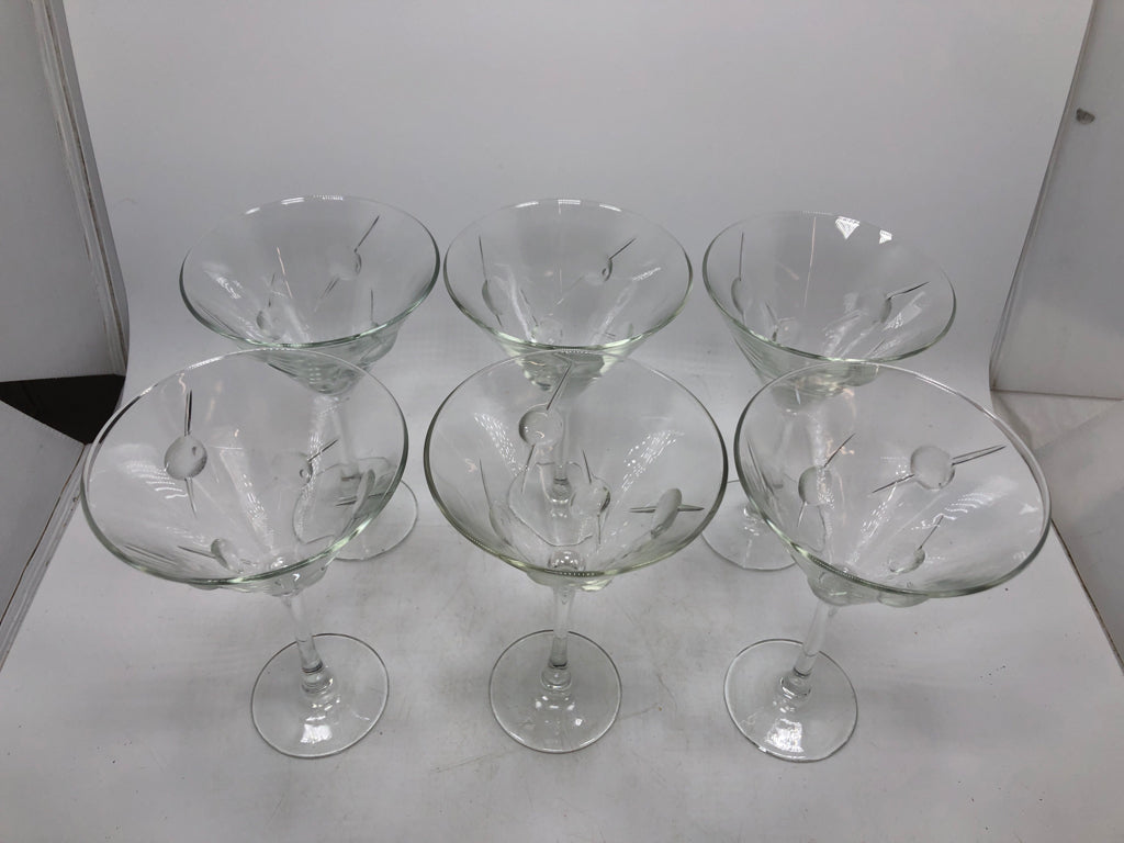6 EMBOSSED OLIVE MARTINI GLASSES.